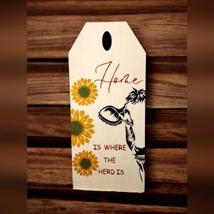 Handpainted sign HOME IS WHERE THE HERD IS sunflowers and cow